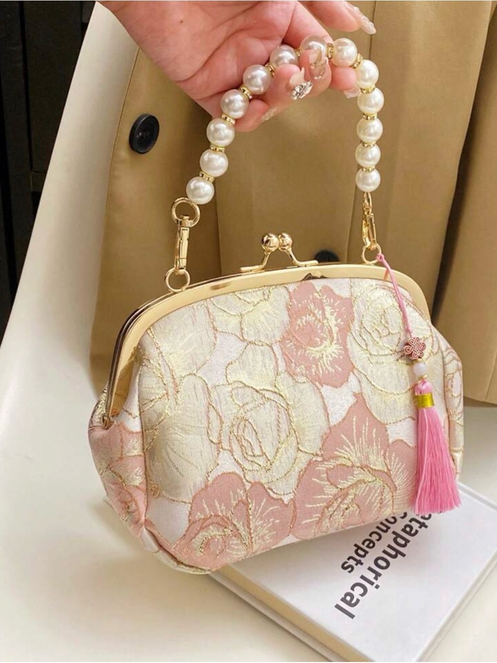 Elegant Pink Floral Pearl-Handle Clutch